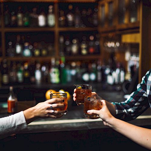 Three people are raising glasses of drinks in a toast at a bar with shelves of bottles in the background.
