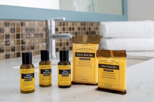 The image shows travel-sized toiletries including citrus conditioner, body lotion, shampoo, body bar, and facial bar on a bathroom counter.