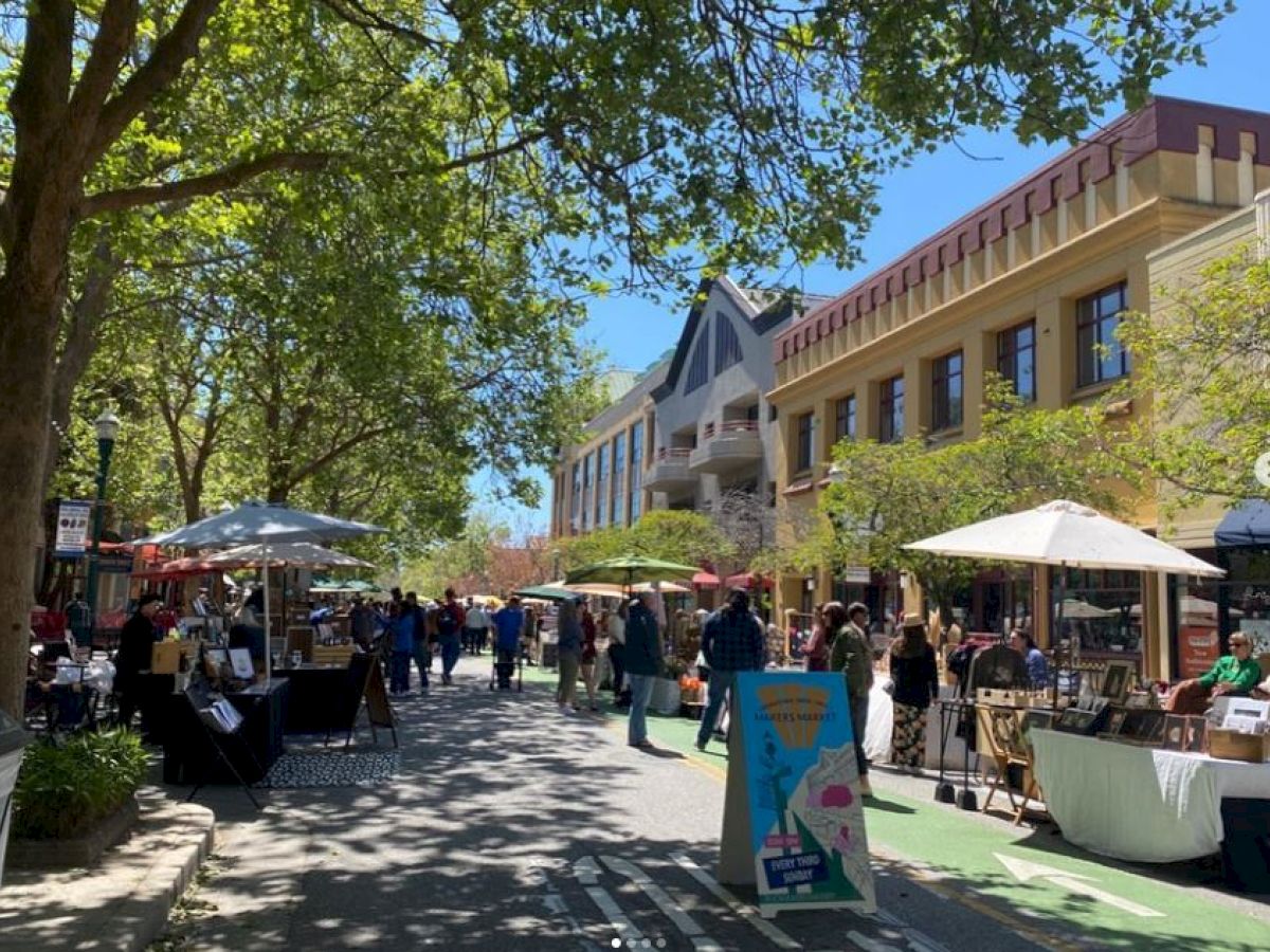 The image shows a bustling outdoor market with vendors, shoppers, trees, and buildings lining the street on a sunny day.