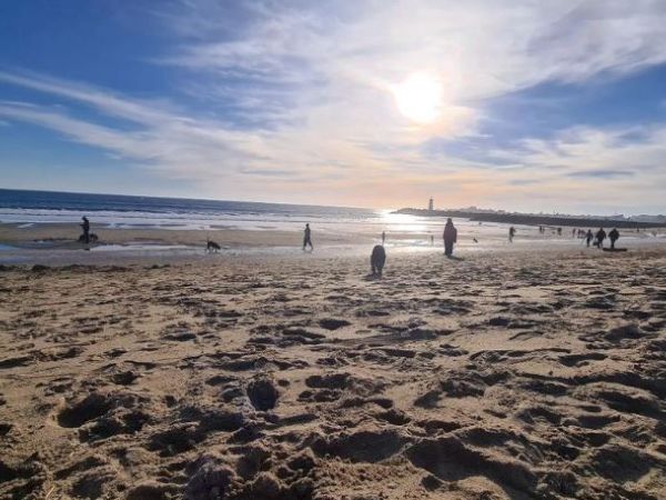 A sunny beach scene with people walking along the shore, a clear sky, and a distant lighthouse under the bright sun.