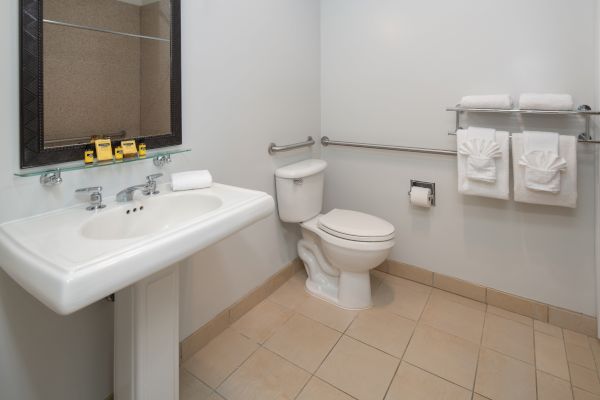 The image shows a clean bathroom with a sink, toilet, towel rack, towels, and wall mirror, featuring safety bars on the wall and around the toilet.