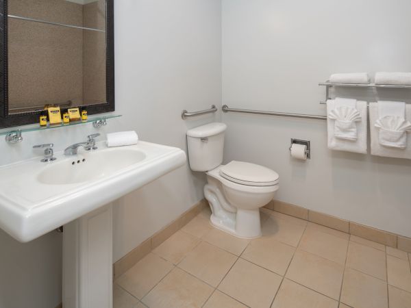The image shows a clean bathroom with a sink, toilet, towel rack, towels, and wall mirror, featuring safety bars on the wall and around the toilet.